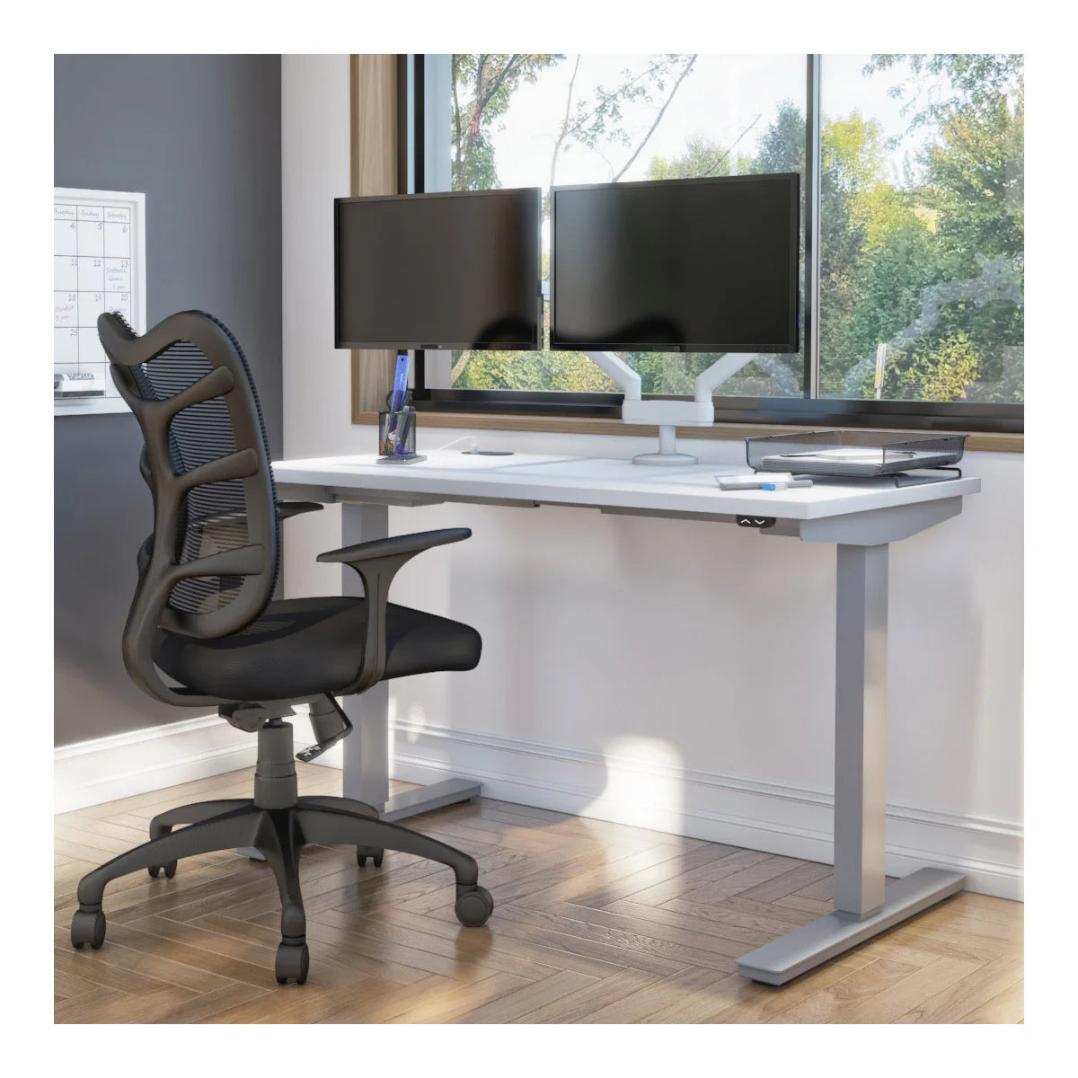 Bestar Upstand 61 cm × 122 cm (24 in. × 48 in.) Height-adjustable Desk with Dual Monitor Arm (White)