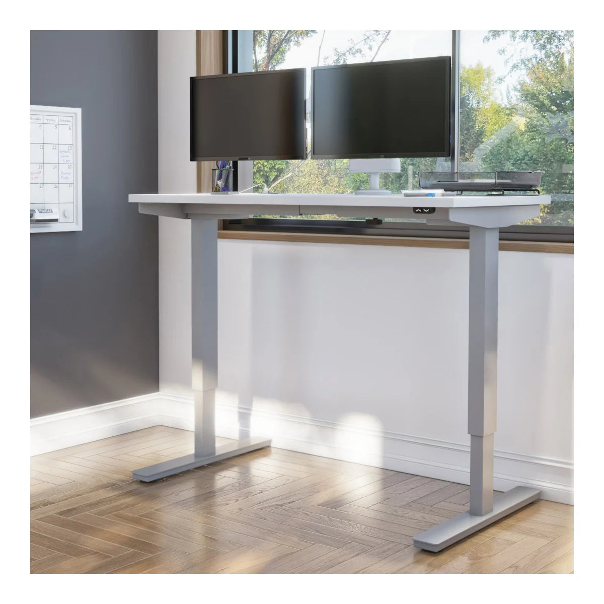 Bestar Upstand 61 cm × 122 cm (24 in. × 48 in.) Height-adjustable Desk with Dual Monitor Arm (White)