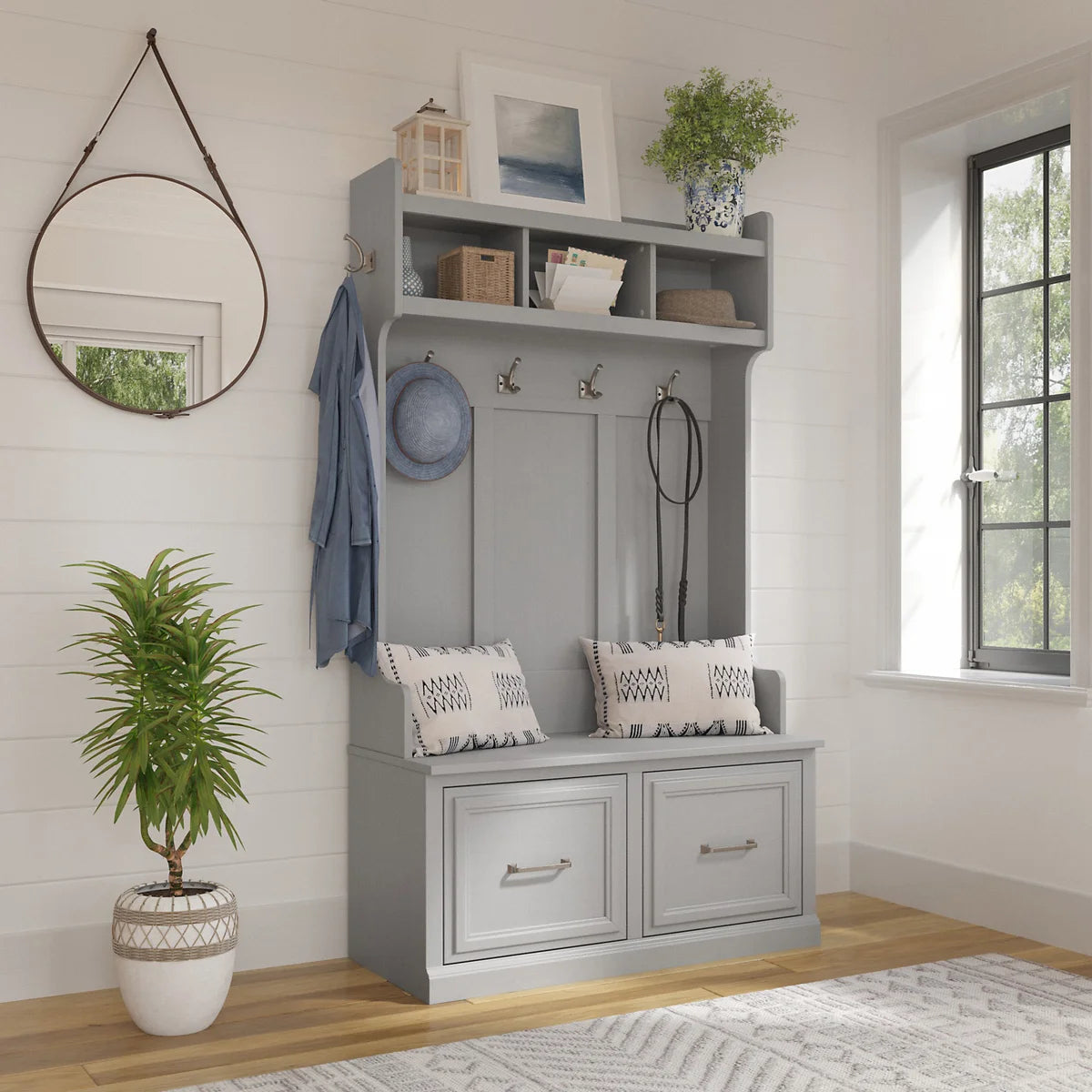 Bush Woodland Hall Tree and Shoe Storage Bench with Doors