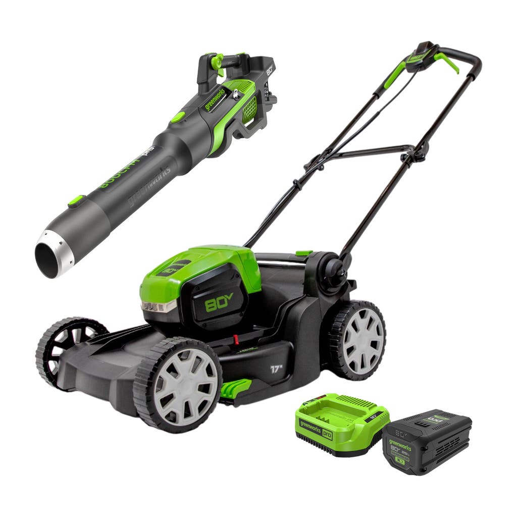 Greenworks 80V 17" Push Mower and 800 CFM 200 MPH Blower, 4Ah Battery and 2A Charger Included
