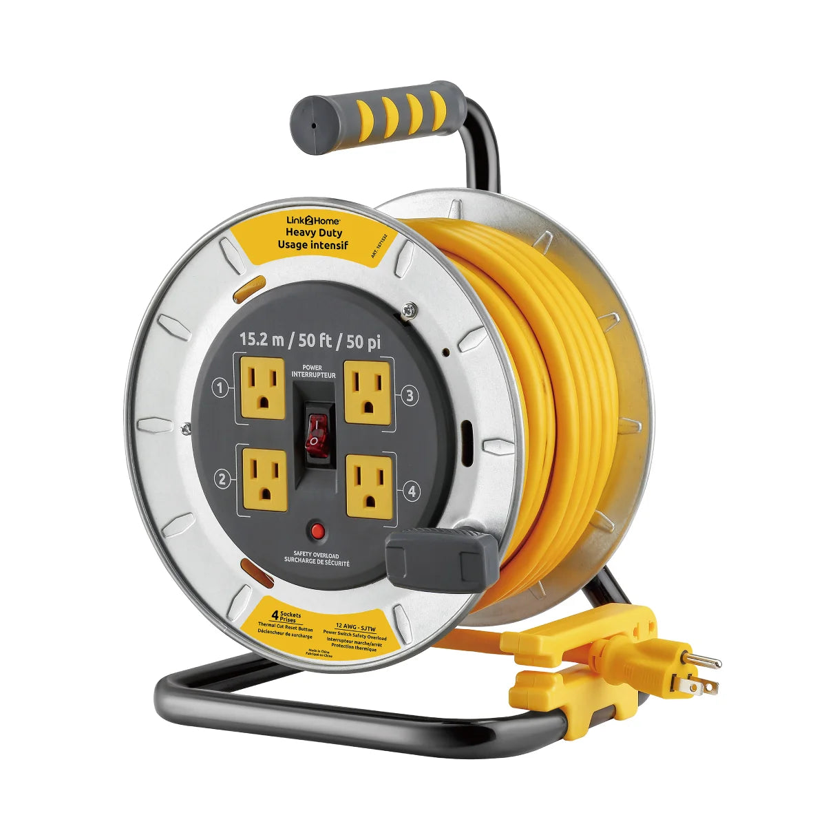 Link2Home Heavy Duty Metal Cord Reel 50 ft. 12 AWG SJTW with 4 Power Outlets