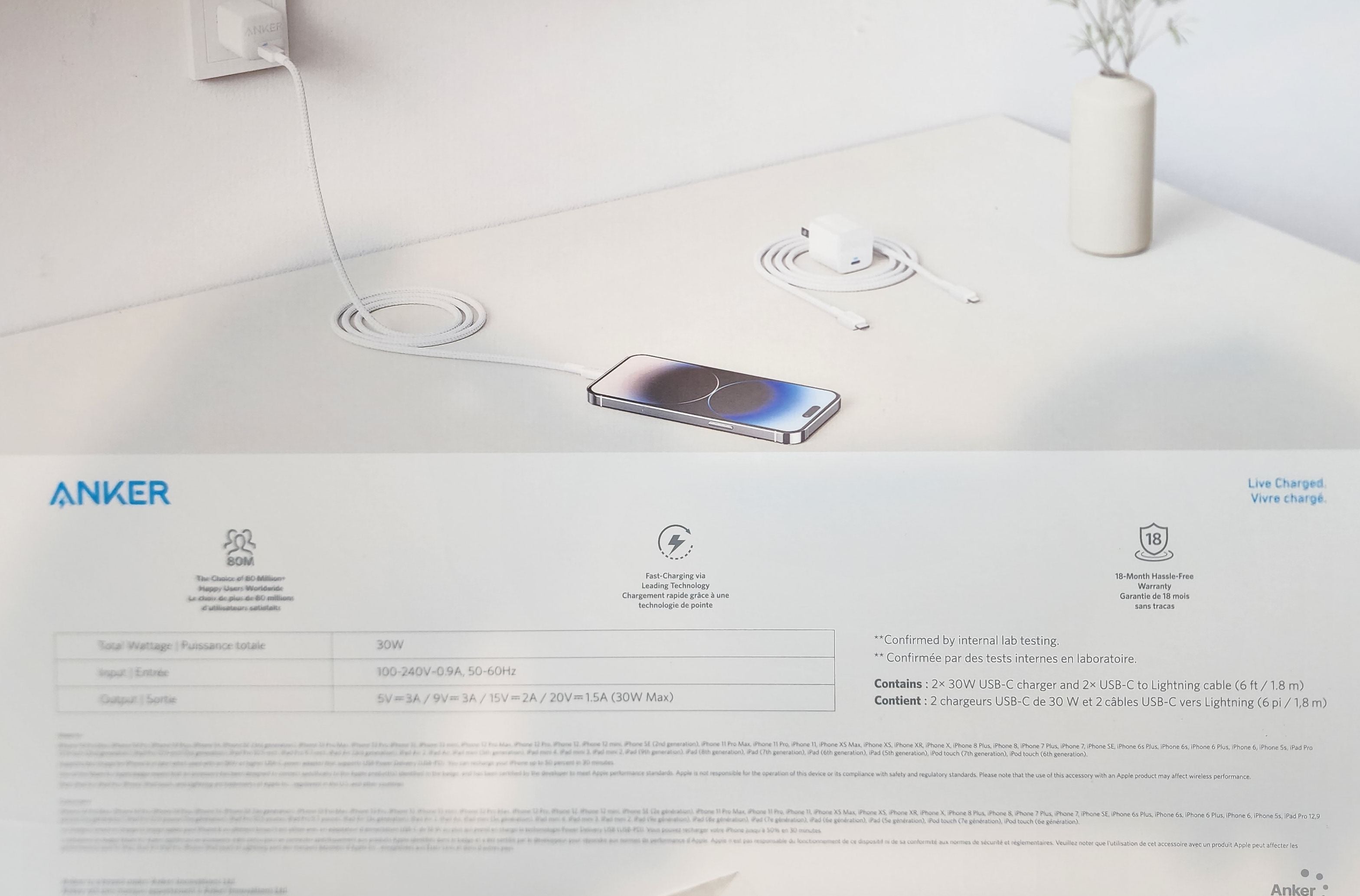 Anker 30W Charger with USB-C to Lightning Cable, 2-pack