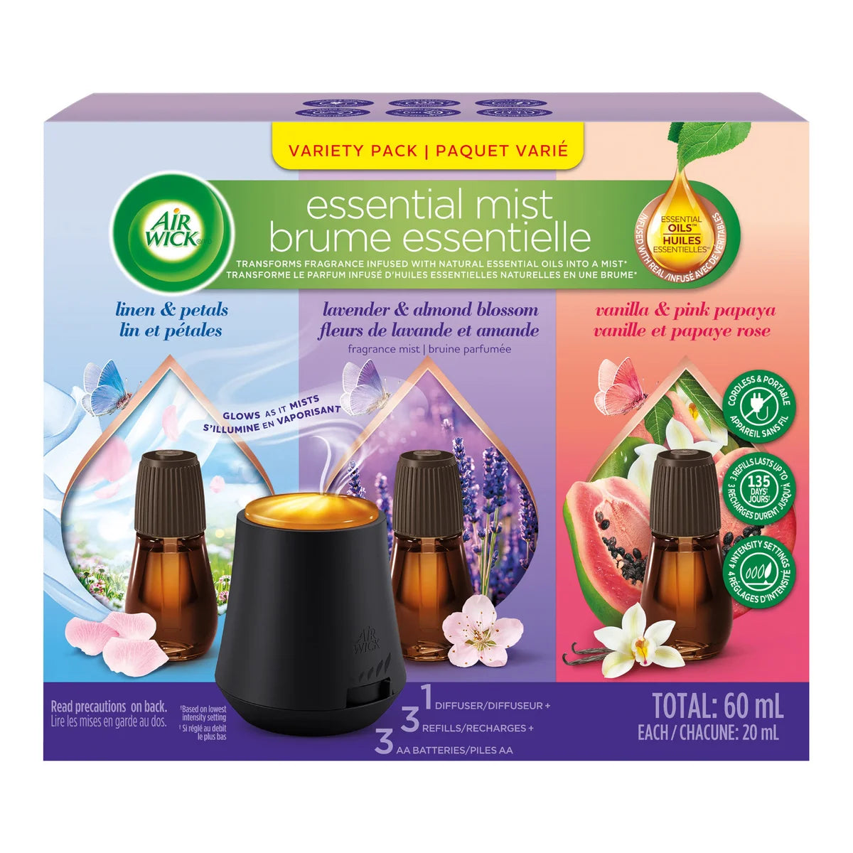 Air Wick Essential Mist Variety Pack, 1 Diffuser & 3 Refills