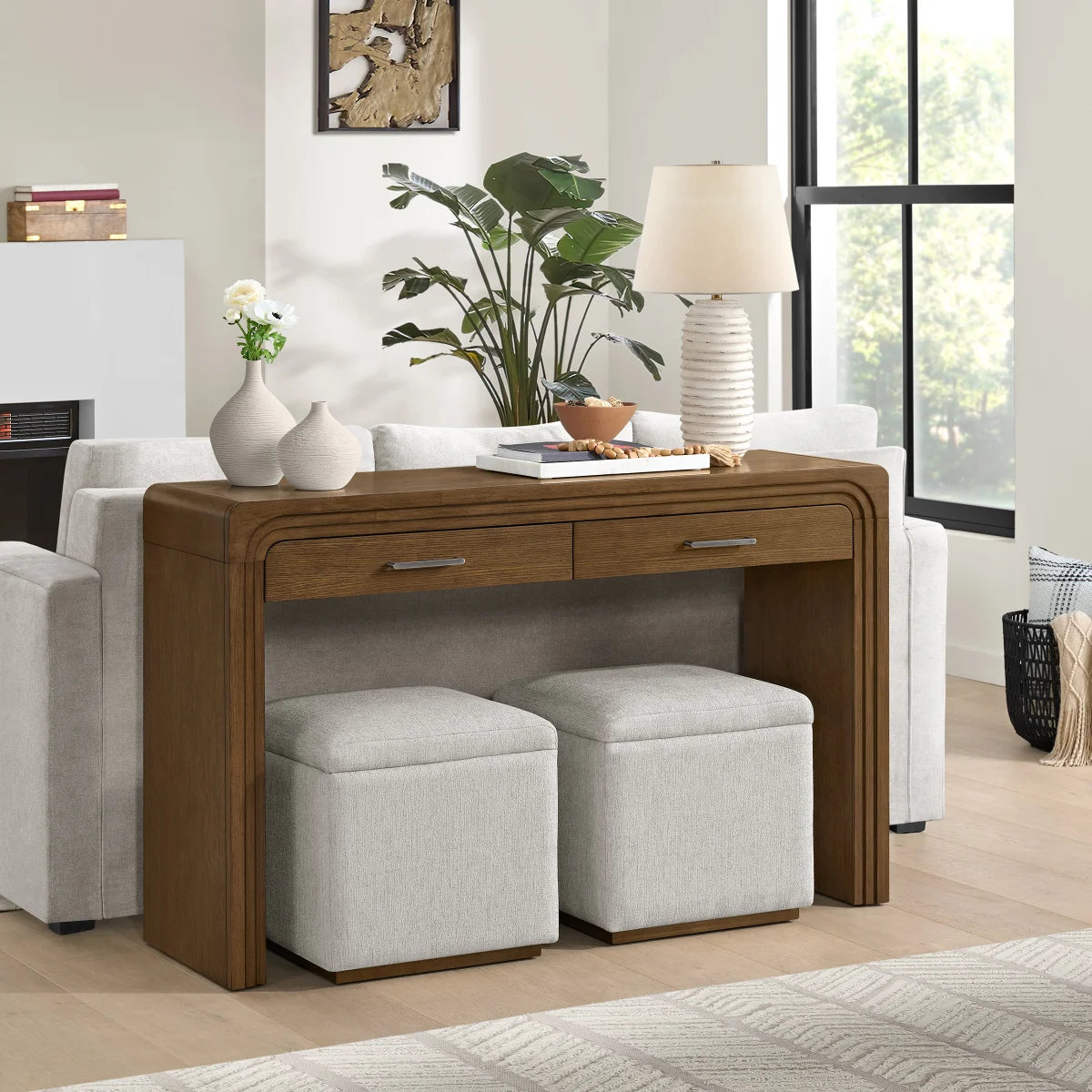 Mulberry Console Table with 2 Storage Ottomans