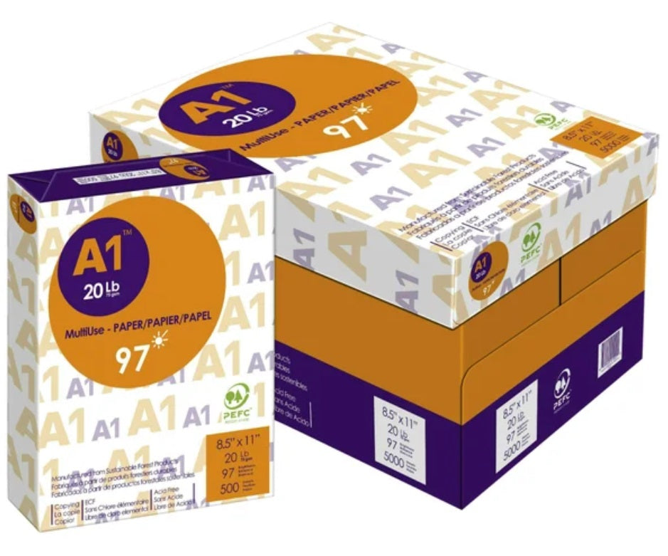 A1- Premium Multipurpose Printer Paper; Letter 8.5 in. x 11 in., 97 Bright 20 lb. , 5,000 (10x500 per Box)