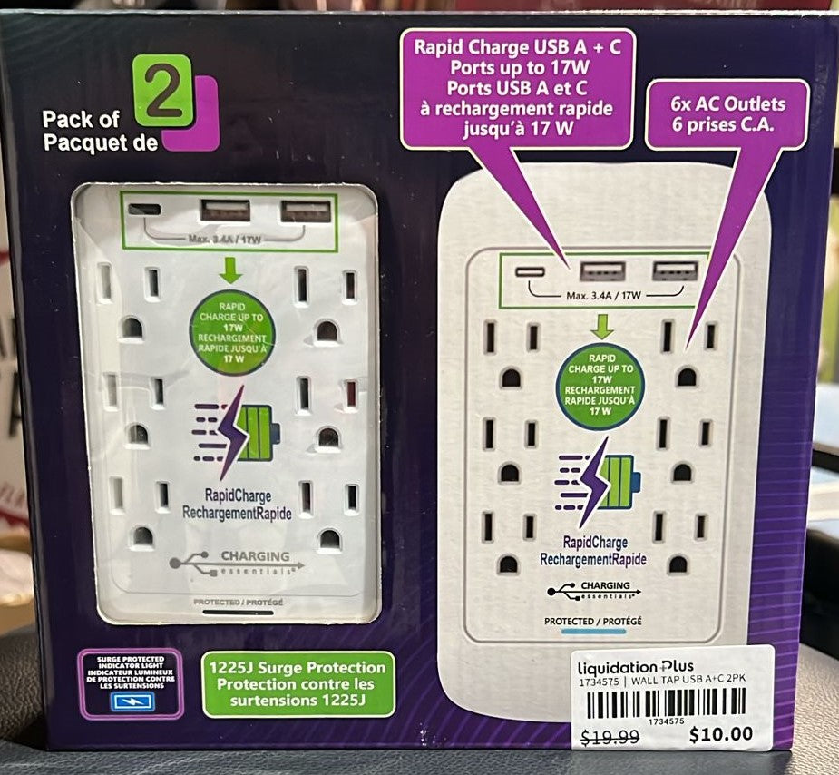 Charging Essentials USB/AC Wall Tap, 2-pack
