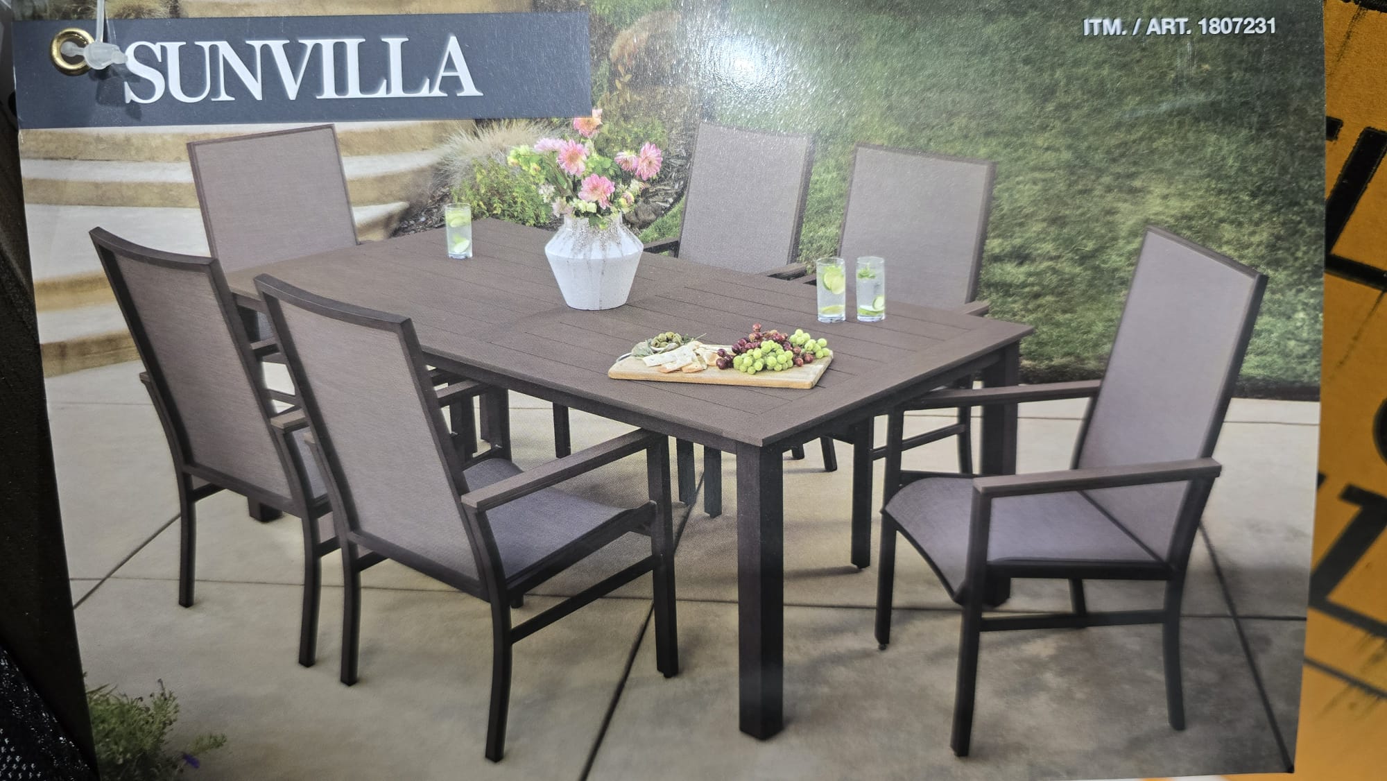 SunVilla Nichols 7 Piece Sling Dining Patio Set with Faux Wood Table Top + Cover