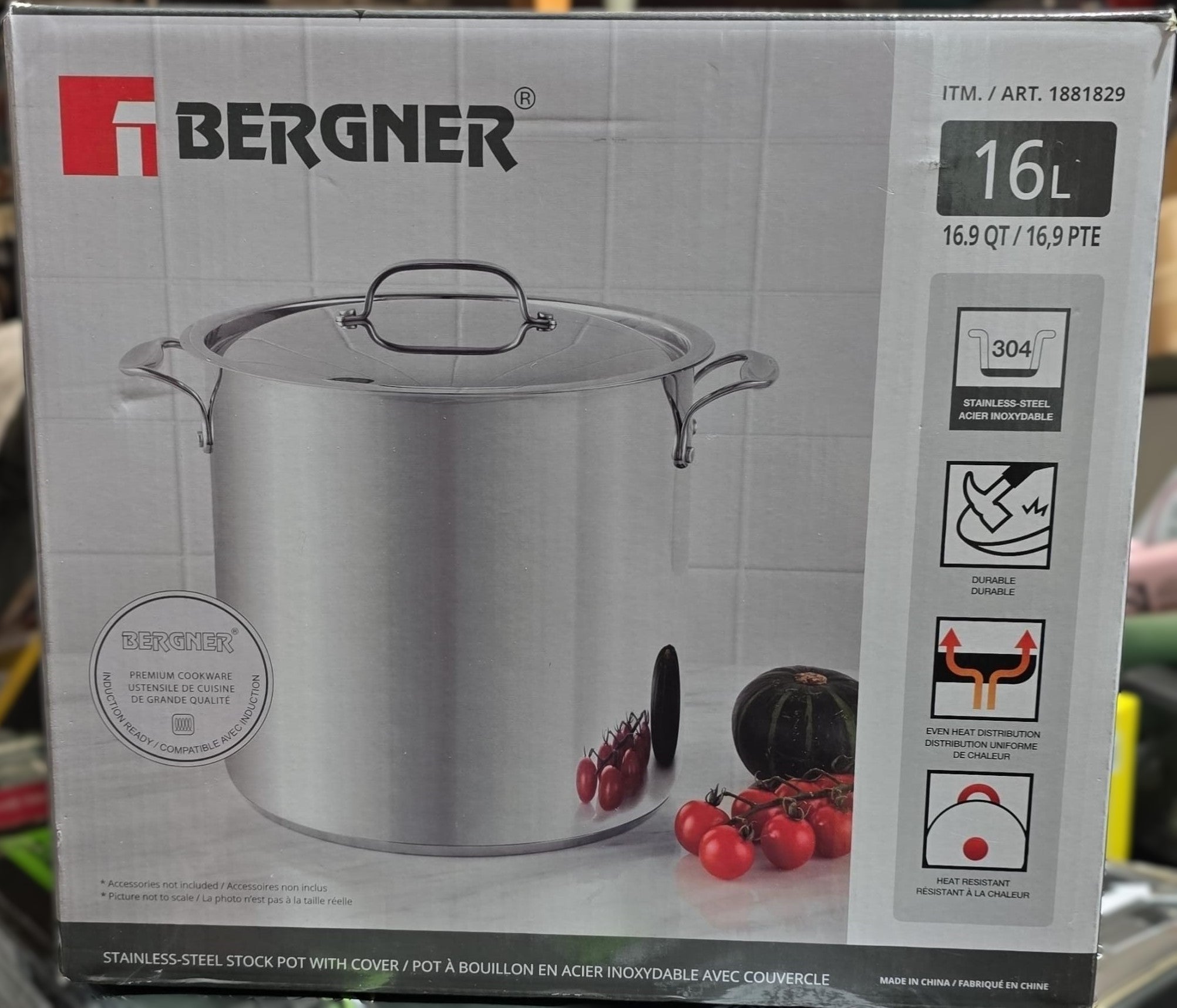 Bergner Stainless Steel Stock Pot with Lid, 16 L (16.9 qt.)