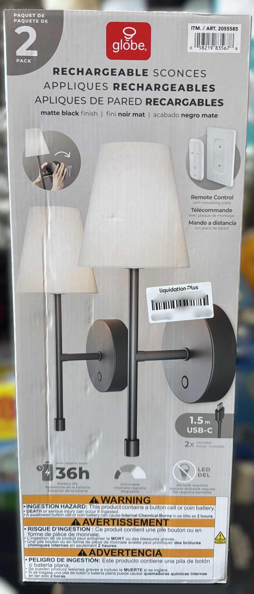 Globe Electric Wireless Rechargeable LED Wall Sconce 2-Pack