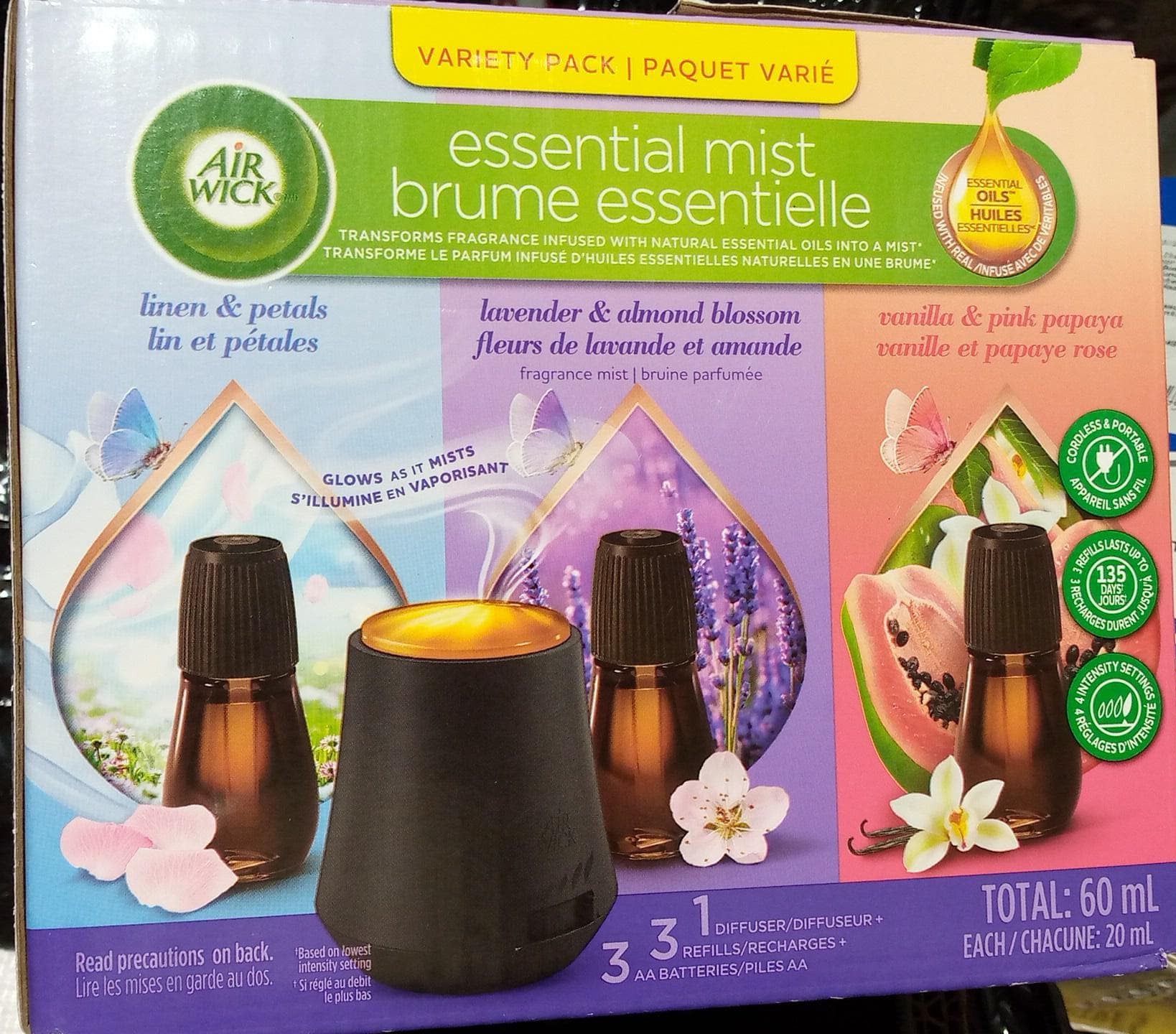 Air Wick Essential Mist Variety Pack, 1 Diffuser & 3 Refills