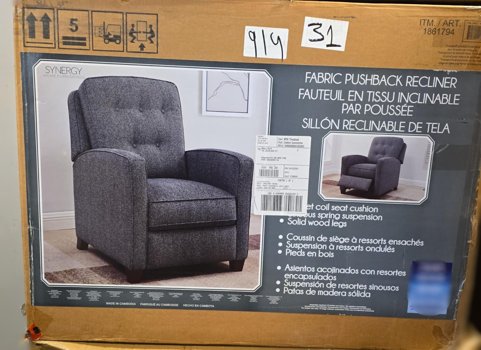Fabric Pushback Recliner Grey