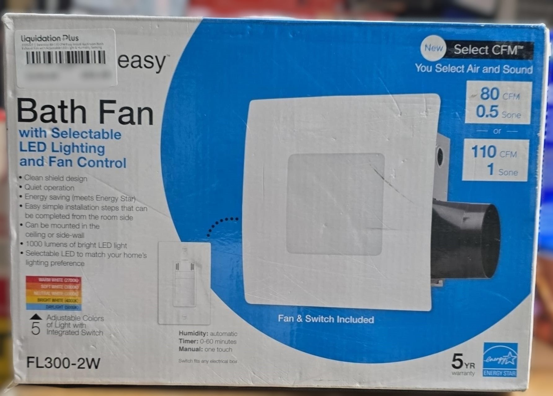 Dewstop 80-110 CFM Easy Install Bathroom/Bath Exhaust Fan with Adjustable LED Light & Humidity Sensing