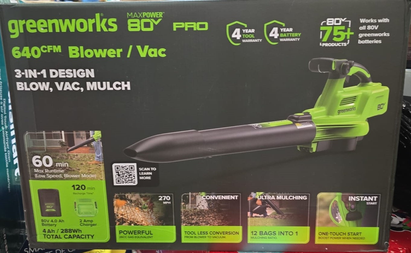 Greenworks 80V 3-in-1 520 CFM 240 MPH Blower Vacuum, 4.0Ah Battery and 2A Charger Included