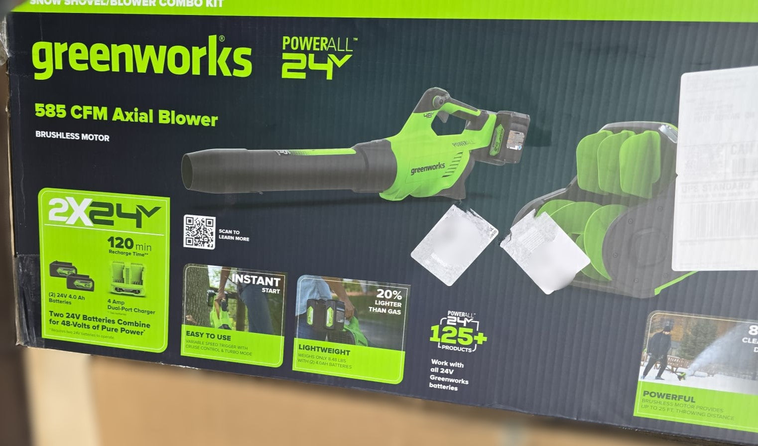 Greenworks 2X24V (48V) Brushless 12” Snow Shovel & 585CFM Axial Blower Combo Kit, (2) 4.0Ah Batteries and Dual Port Charger Included
