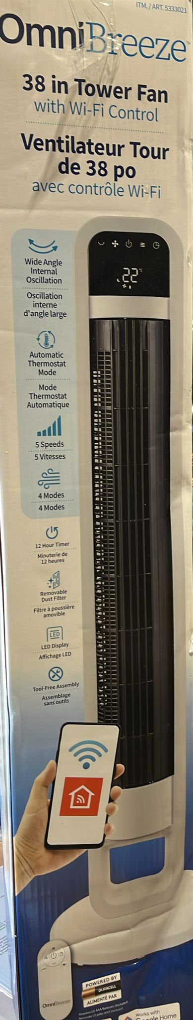 OmniBreeze Premium Tower Fan with Internal Oscillation and Wi-Fi 96 cm (38 in.)