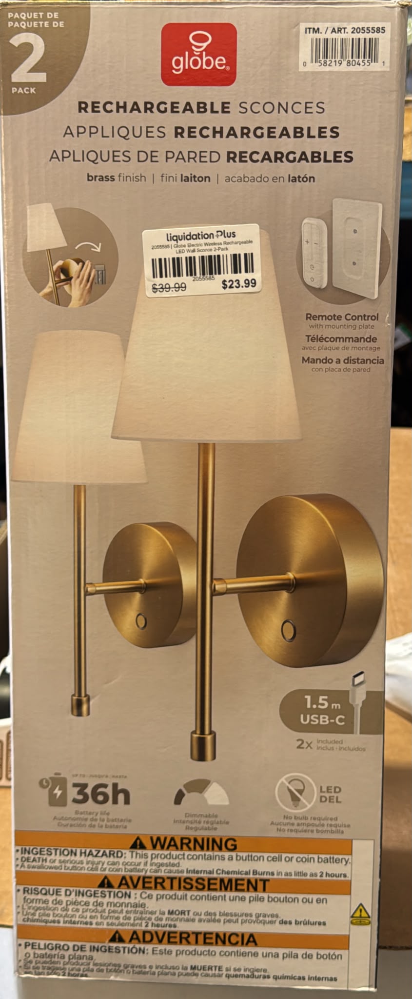 Globe Electric Wireless Rechargeable LED Wall Sconce 2-Pack