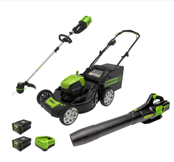 Greenworks 80V TRIO Combo 21-in Brushless Push Mower & 16-in Brushless String Trimmer & 730 CFM - 170 MPH Brushless Blower Combo, (2) 2.0Ah Batteries and 4A Rapid Charger Included
