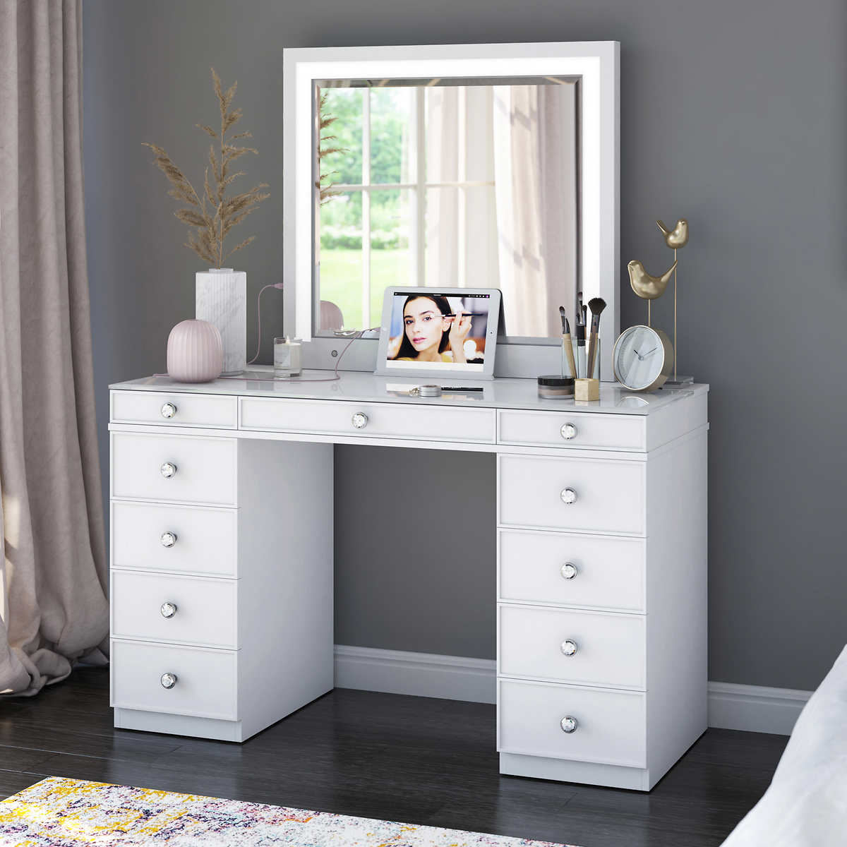 Tresanti Alexandra Double Pedestal Vanity Table with LED