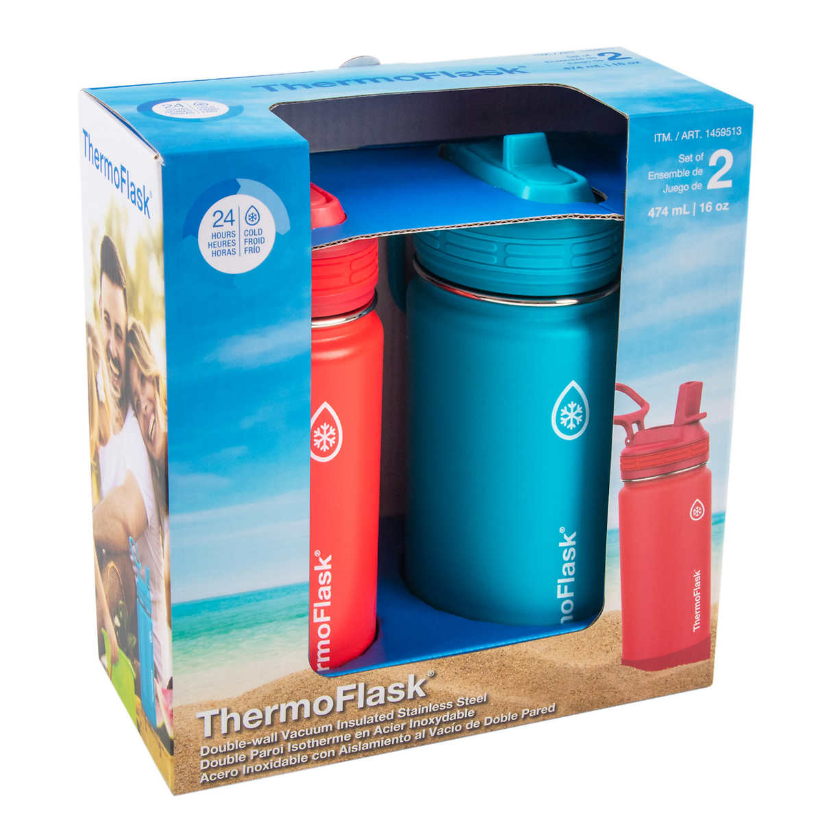 ThermoFlask 16oz Stainless Steel Water Bottle, 2-pack