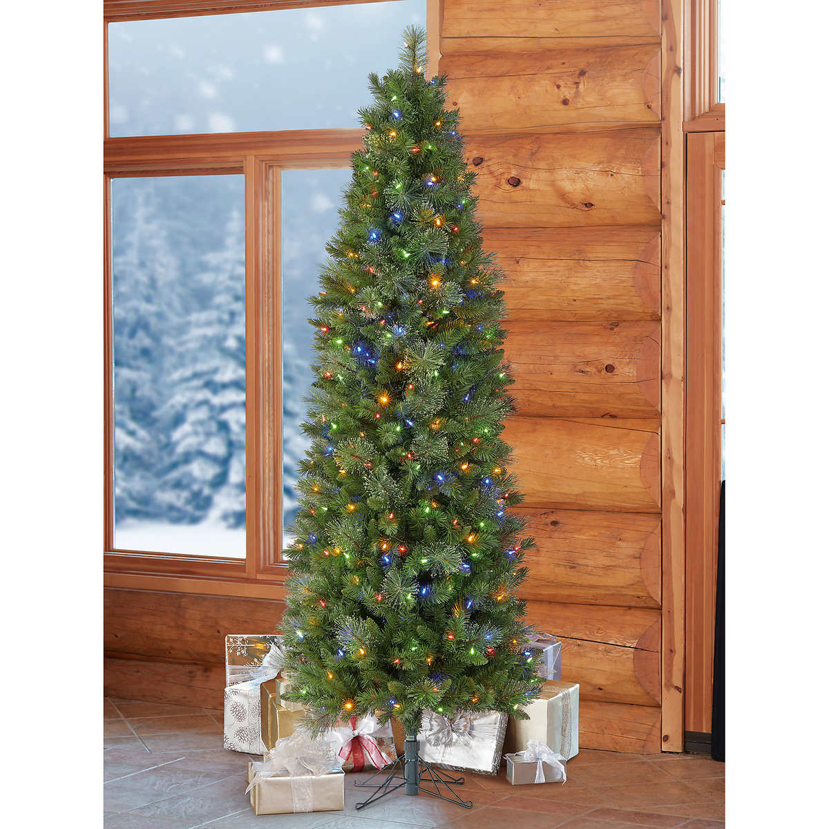 7.5 ft Pre-Lit Blue Bennington Pencil EZ Connect Artificial Christmas Tree, 350 Color-Changing SureBright LED Lights