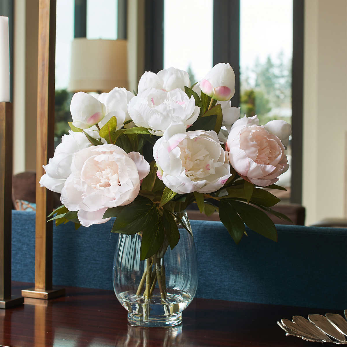Faux 45.7 cm (18 in.) Peony Floral Arrangement with Glass Vase