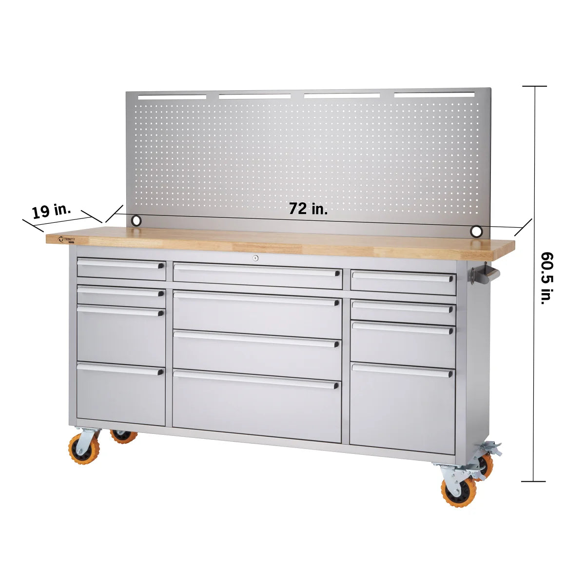 Trinity 72 in. Stainless-steel Rolling Workbench with Pegboard