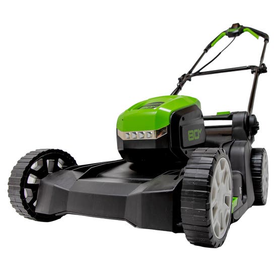 Greenworks 80V 17" Push Mower and 800 CFM 200 MPH Blower, 4Ah Battery and 2A Charger Included