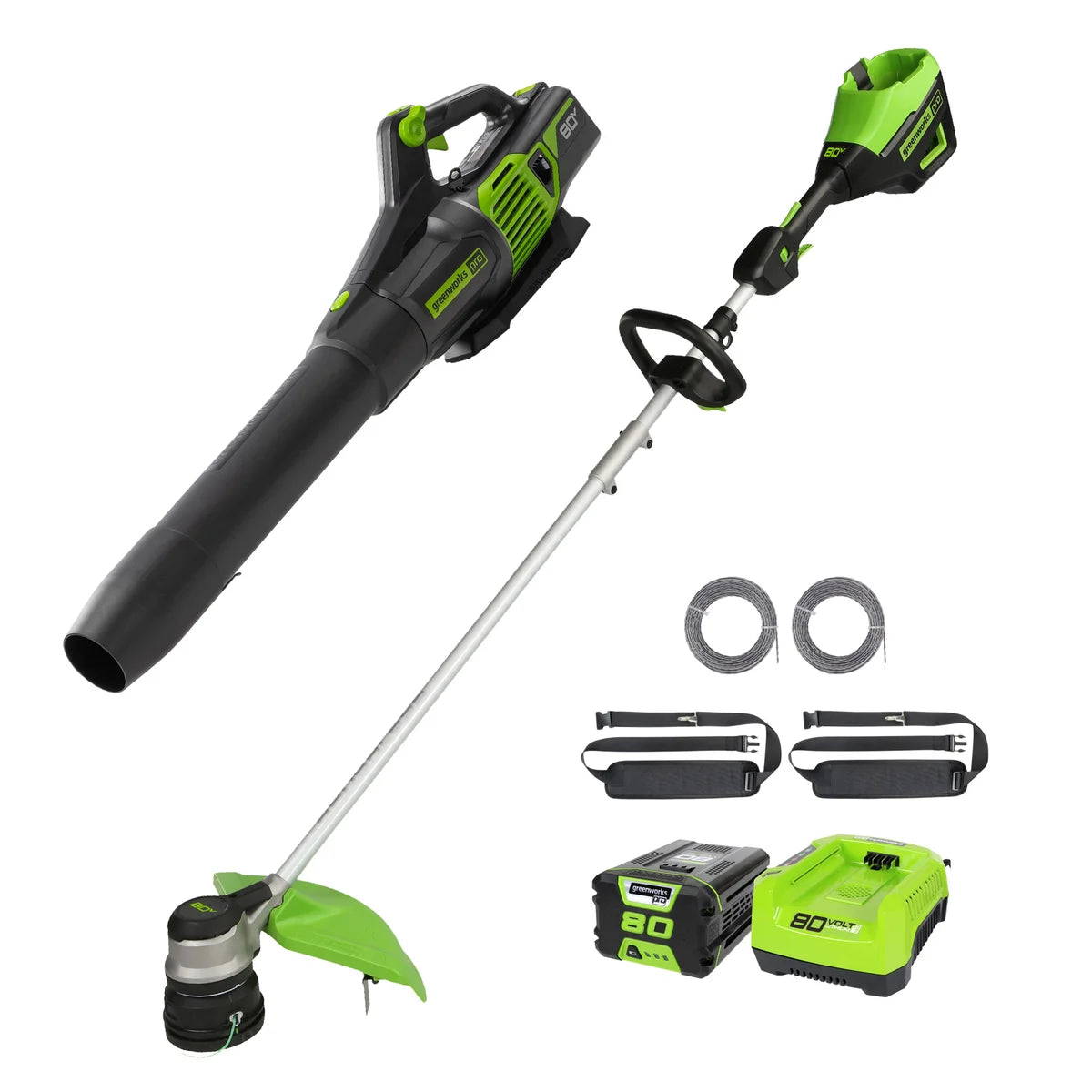 Greenworks 80V Combo Kit: 730 CFM - 170 MPH Brushless Blower + 16" String Trimmer+ Two Shoulder Straps, 2Ah Battery and Charger Included