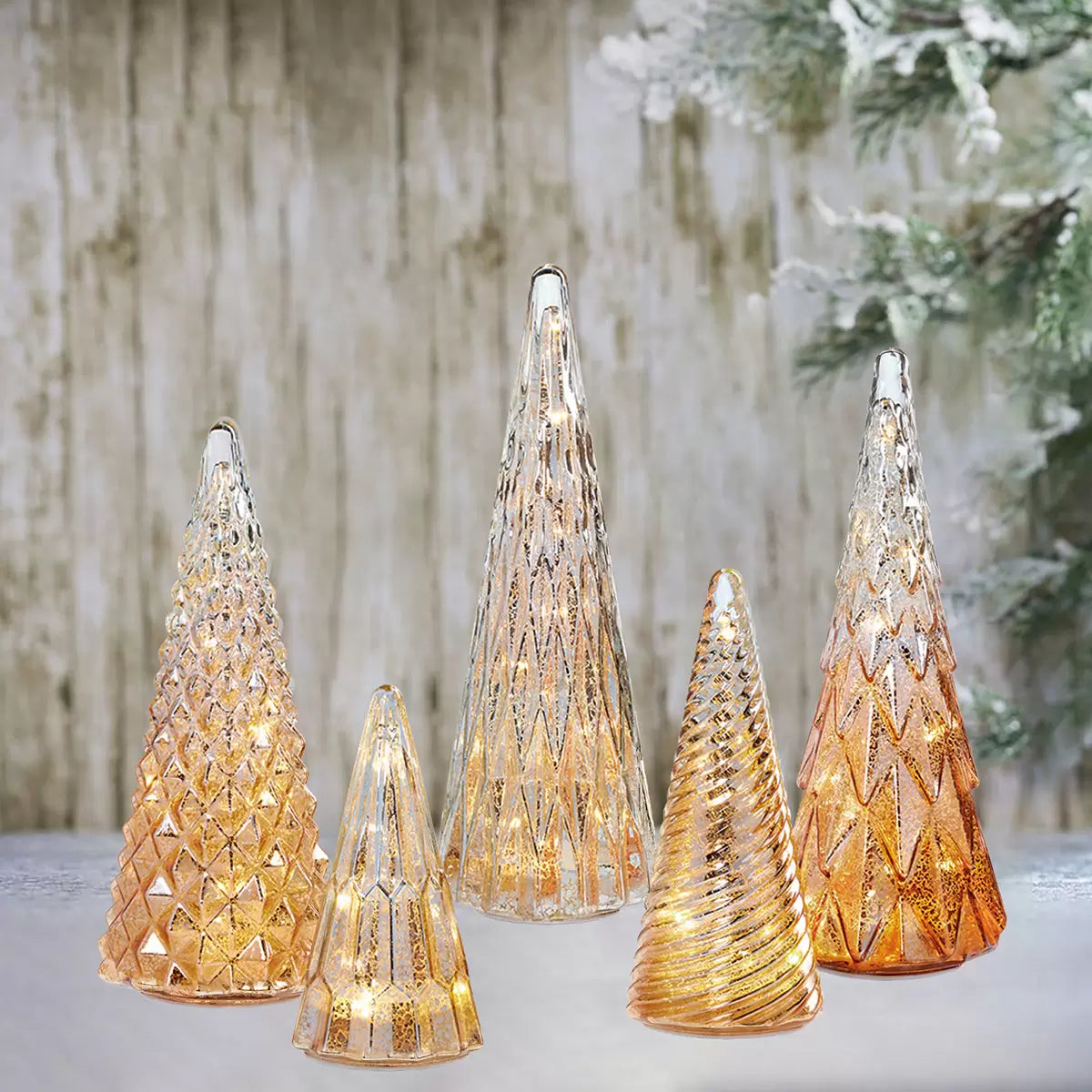 LED GLASS TREE SET OF 5 IN GOLD COLOR