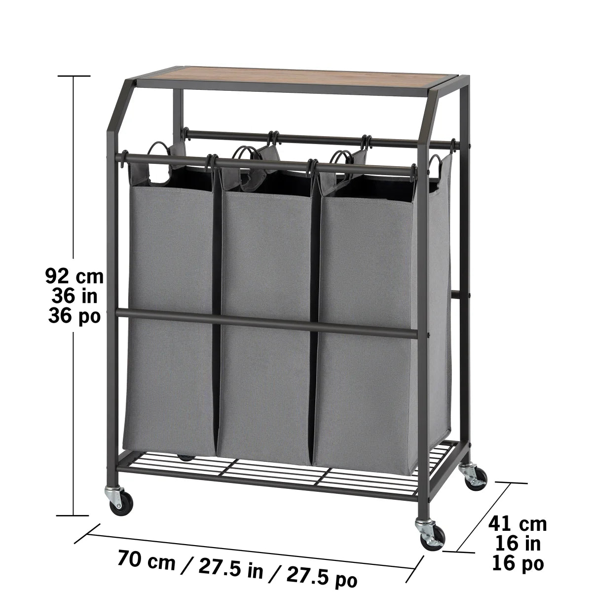 Trinity 3-bag Laundry Cart with Flip Top