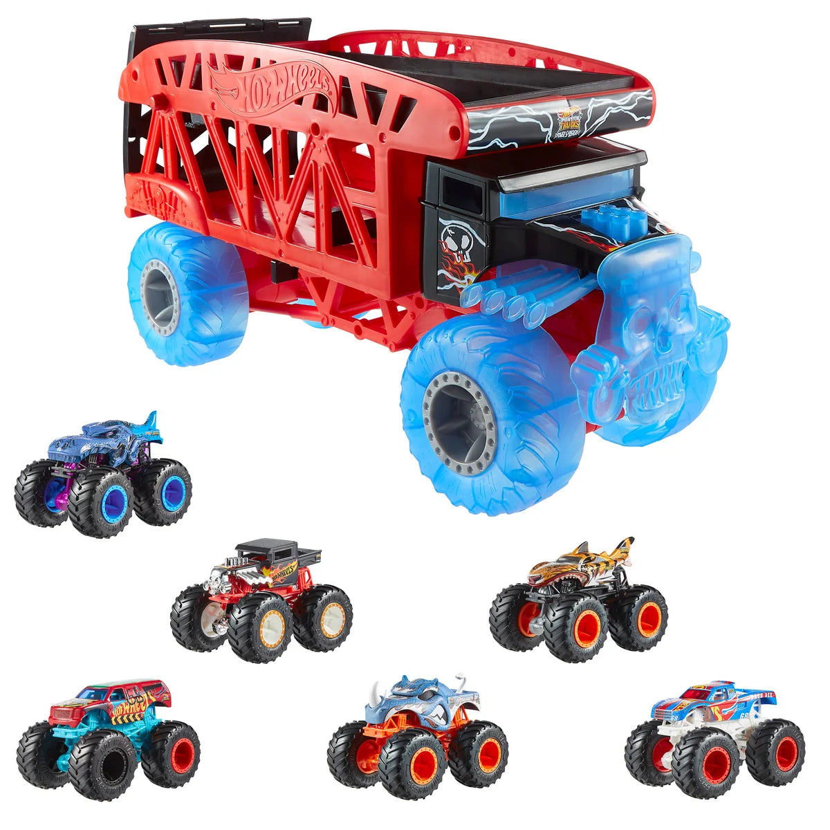 Hot Wheels Monster Truck Boneshaker Hauler with 6 Trucks