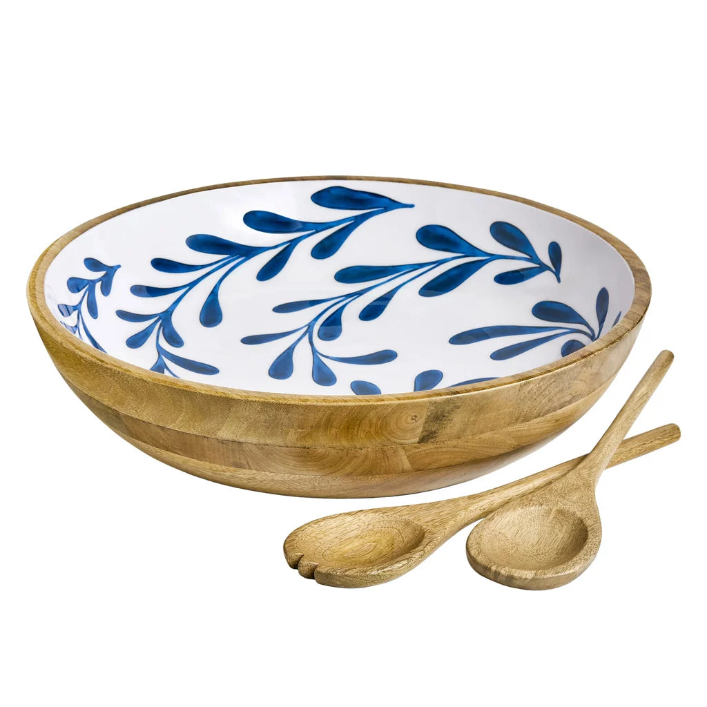 Maison Neuve Enamelled Mango Wood Salad Bowl & Servers, 44 cm (17.3 in.)