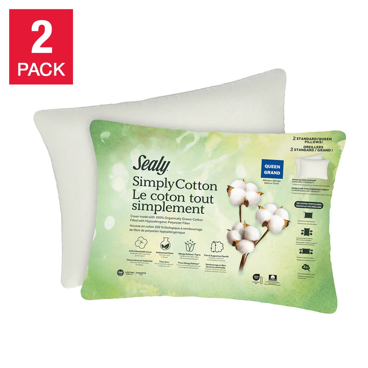 Sealy Organic Cotton Cover Pillow, 2-Pack