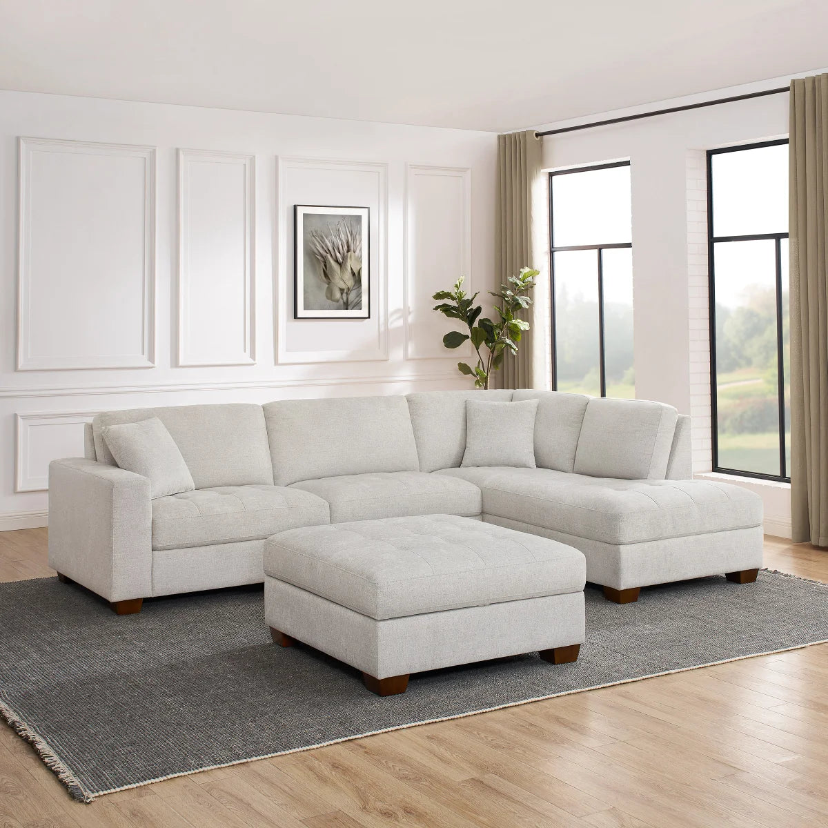 Thomasville Miles Right-hand Facing 3-piece Fabric Sectional with Storage Ottoman, Beige