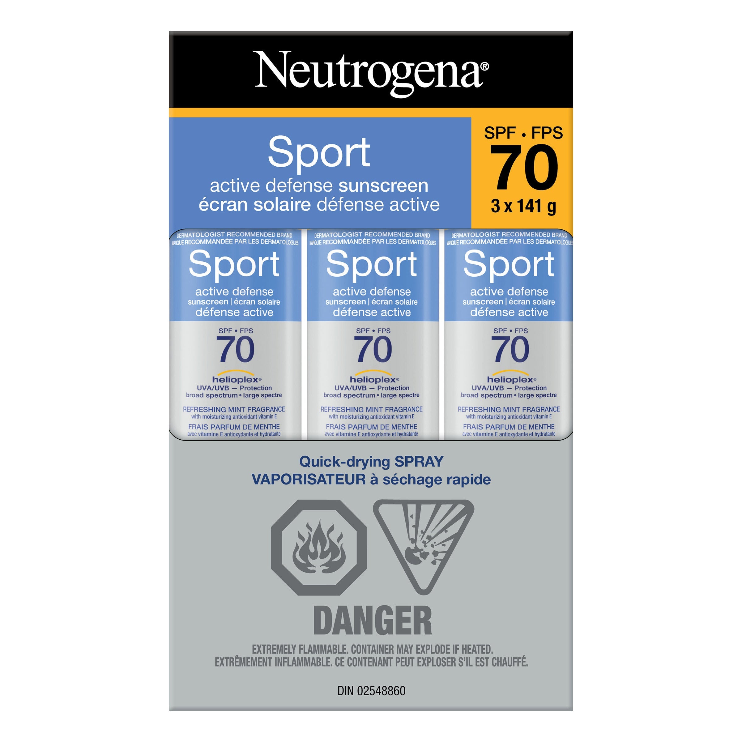Neutrogena Sport Active Defense SPF 70 Sunscreen Spray, 3 x 141g