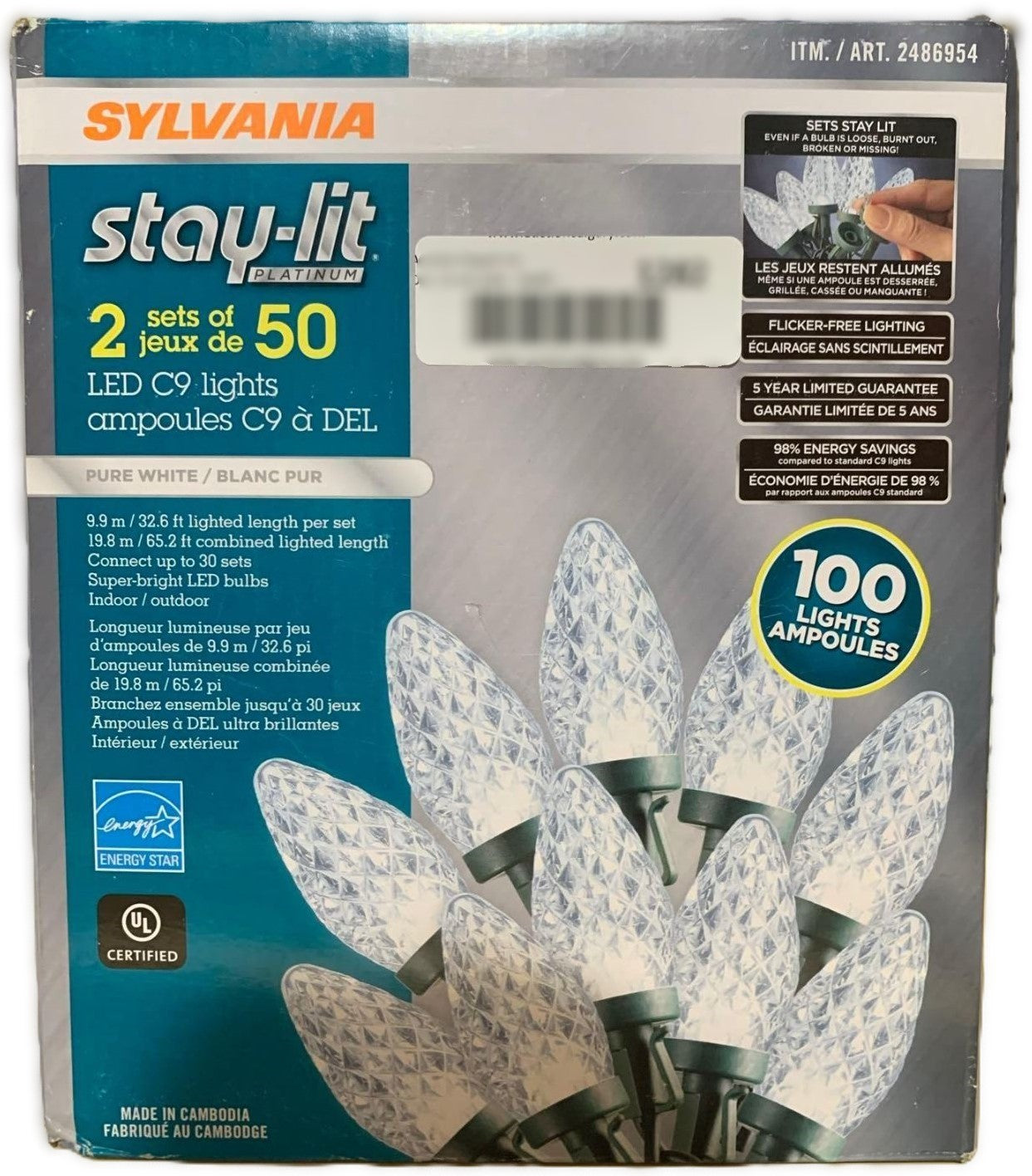 SYLVANIA STAY-LIT 2 SETS OF 50 LED C9 PURE WHITE LIGHTS