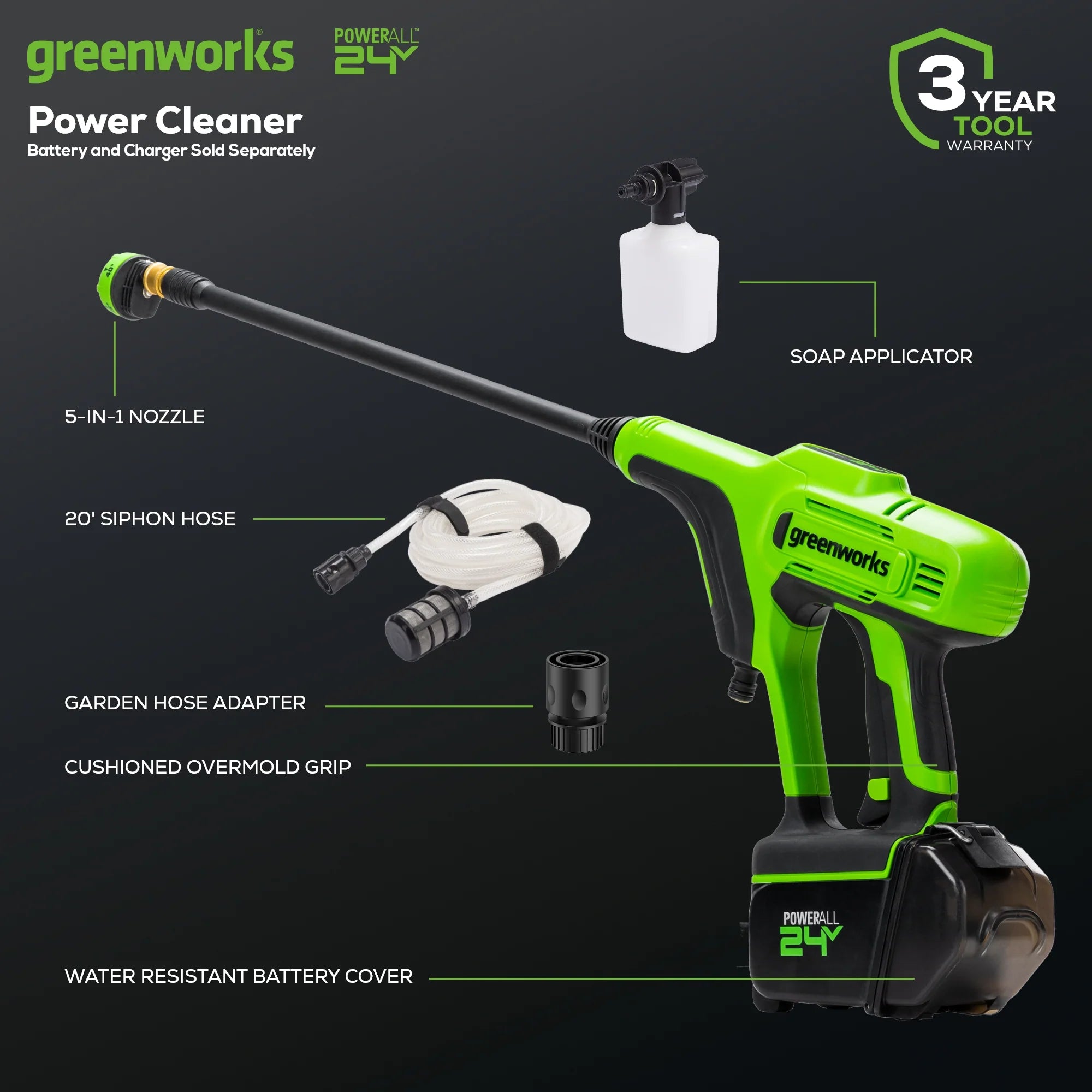 Greenworks 24V 600PSI Pressure Washer, Tool Only (No Battery or Charger Included)