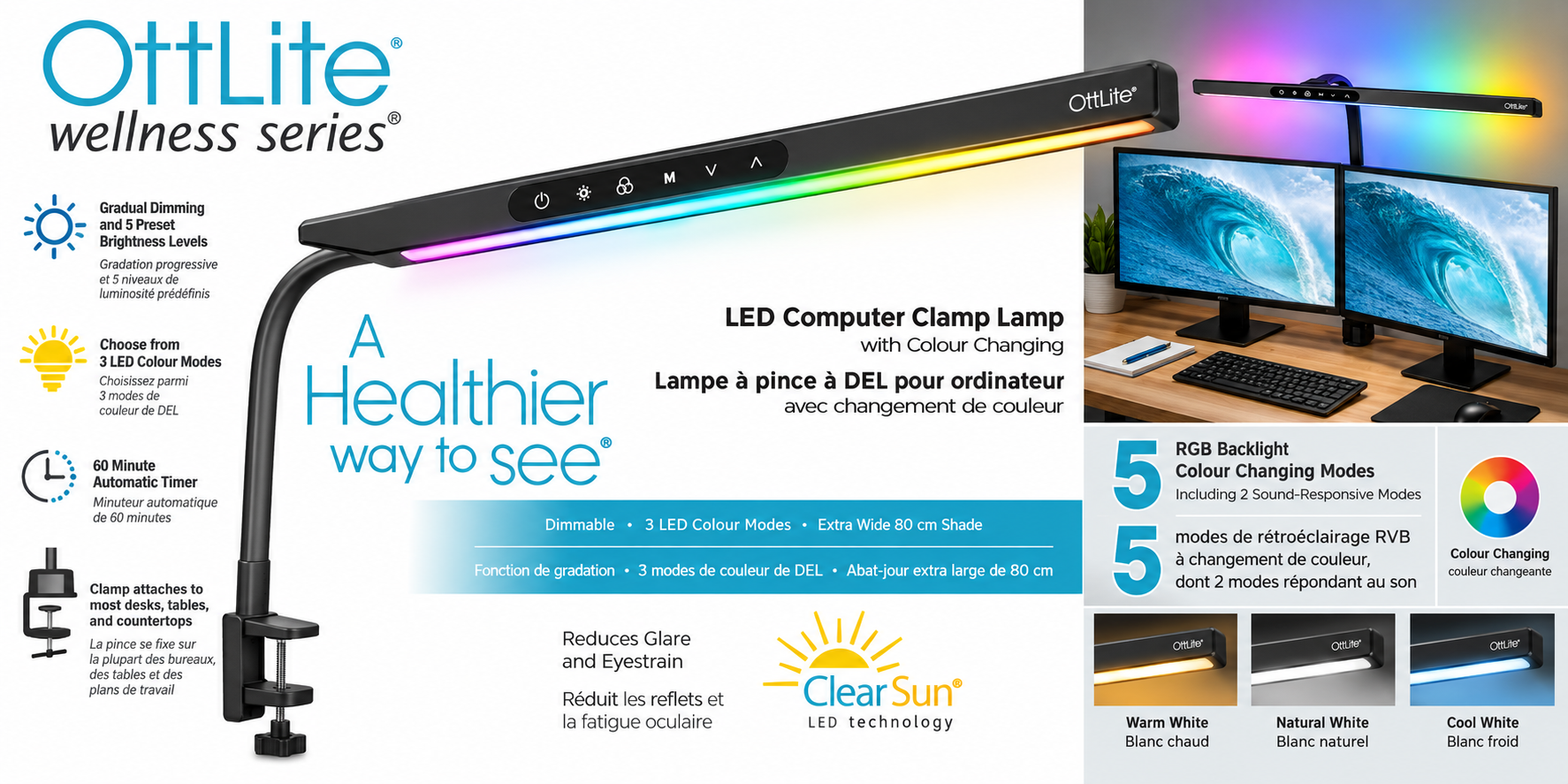 OttLite wellness series LED computer clamp lamp