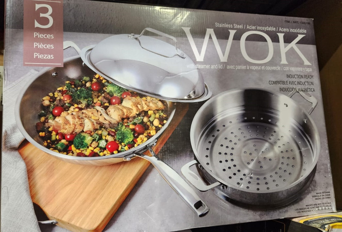Stainless-steel Wok with Lid and Steamer