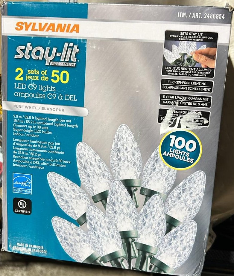 SYLVANIA STAY LIT 2 SETS OF 50 LED C9 PURE WHITE LIGHTS