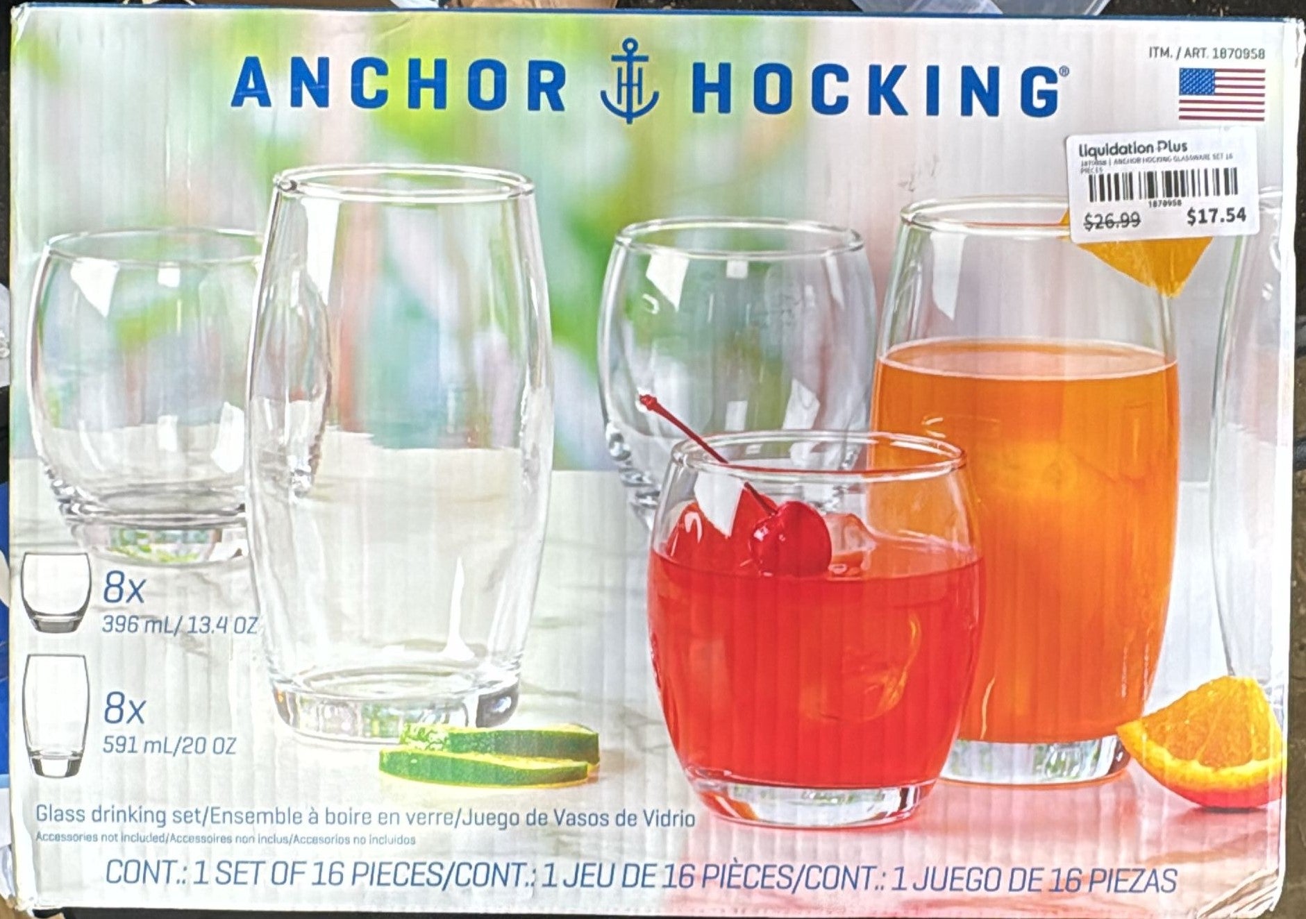 ANCHOR HOCKING GLASSWARE SET 16 PIECES