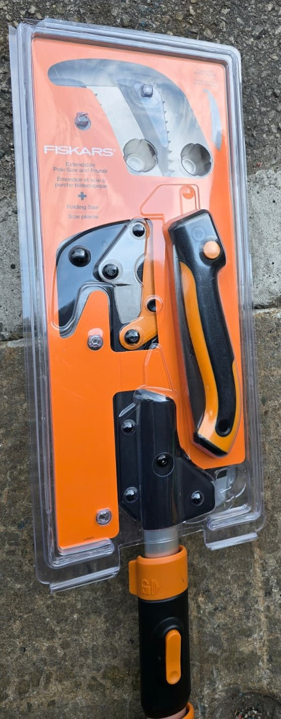 Fiskars PowerLever Extendable Pole Saw & Pruner 7’-16' with Bonus Blade and 7" Saw