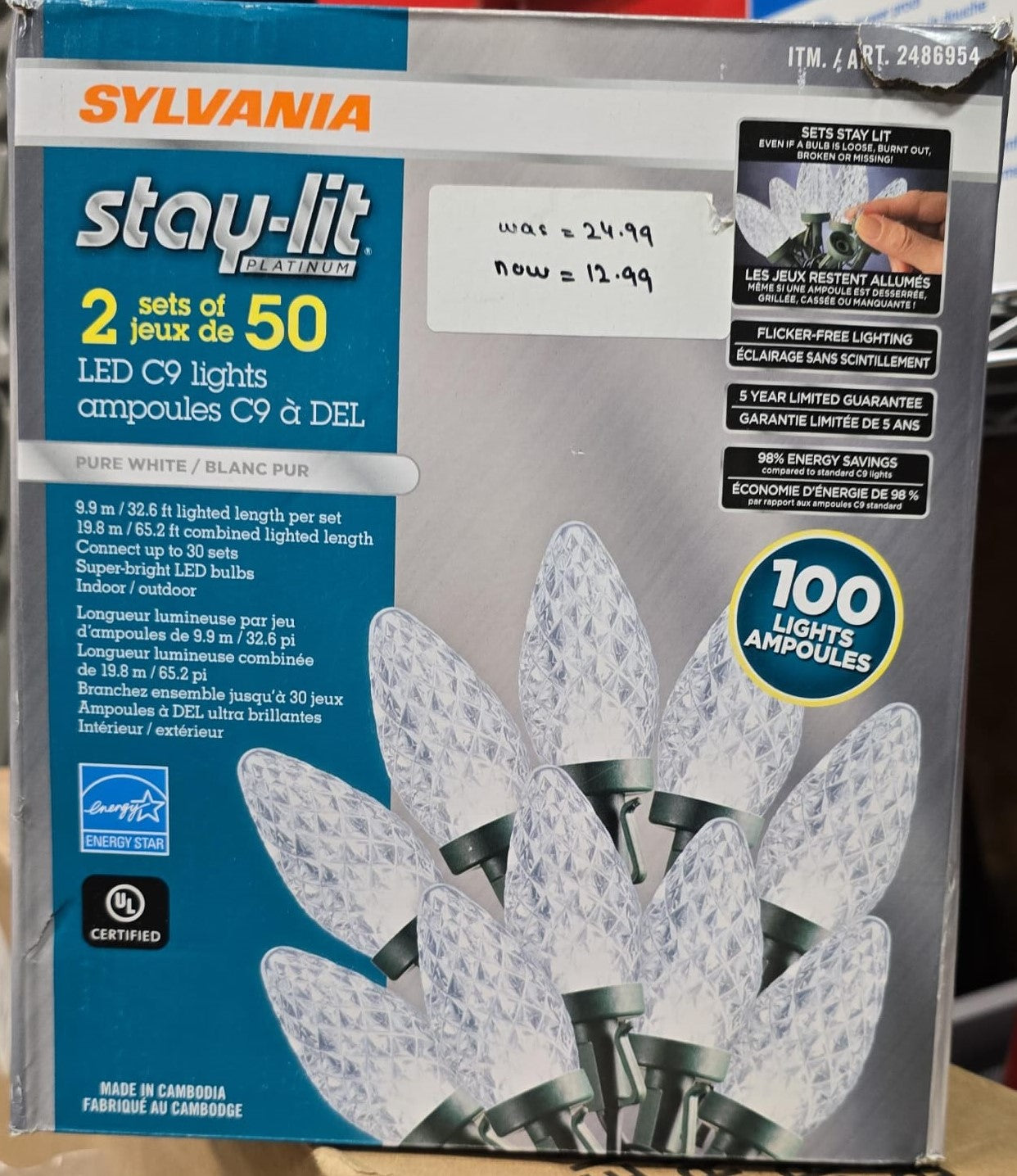 SYLVANIA STAY-LIT 2 SETS OF 50 LED C9 PURE WHITE LIGHTS
