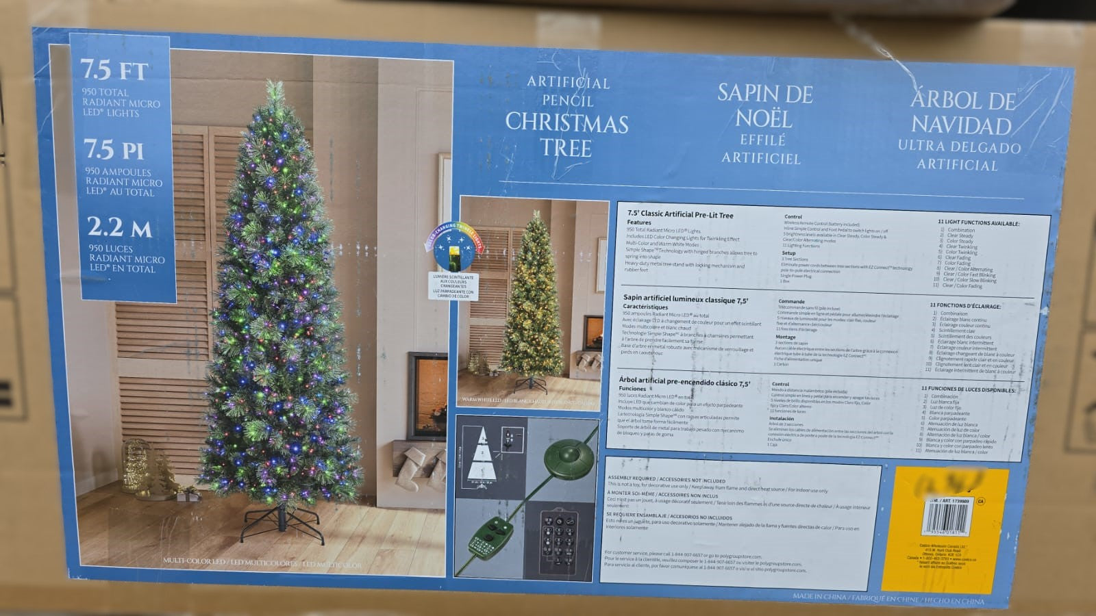 7.5 ft Pre-Lit Blue Bennington Artificial Pencil Christmas Tree, 950 Color-Changing Radiant Micro Twinkle LED® Lights