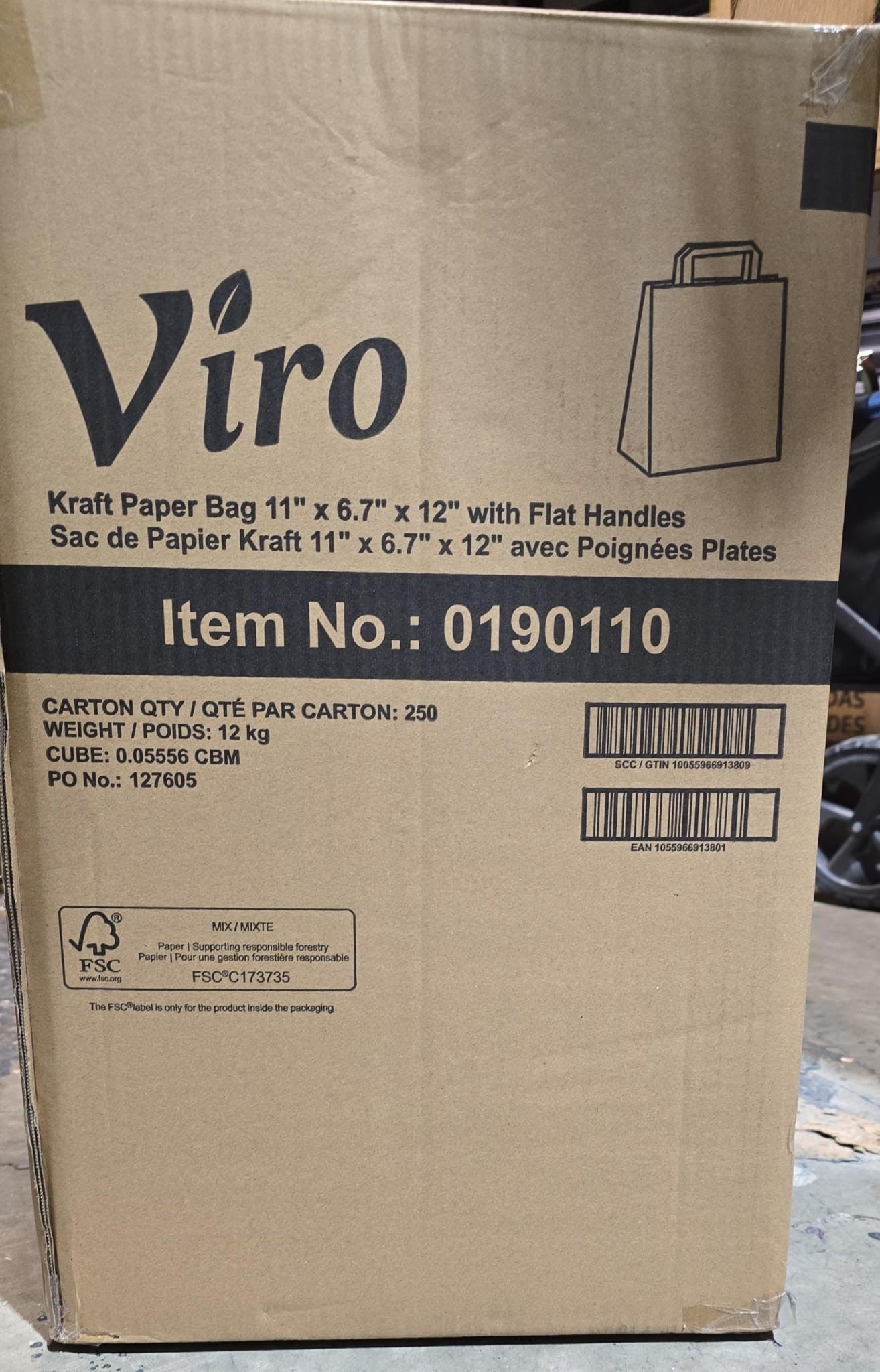Viro Kraft Bag with Handle 11” x 6.75” x 12”, Pack of 250