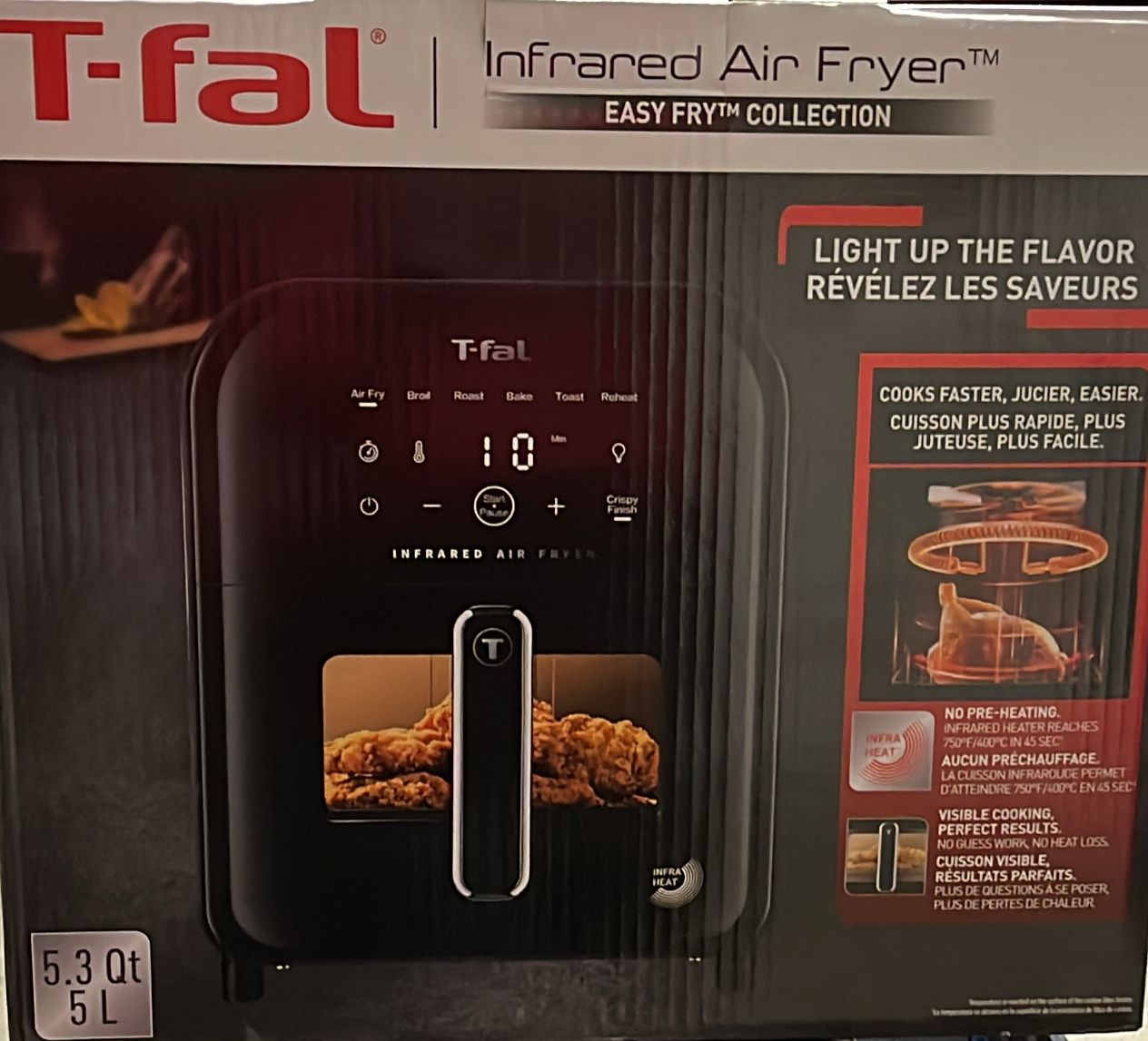 T-fal Infrared Air Fryer, 7-in-1, 5 L (5.3 qt.) Infra-Heat Technology, Black