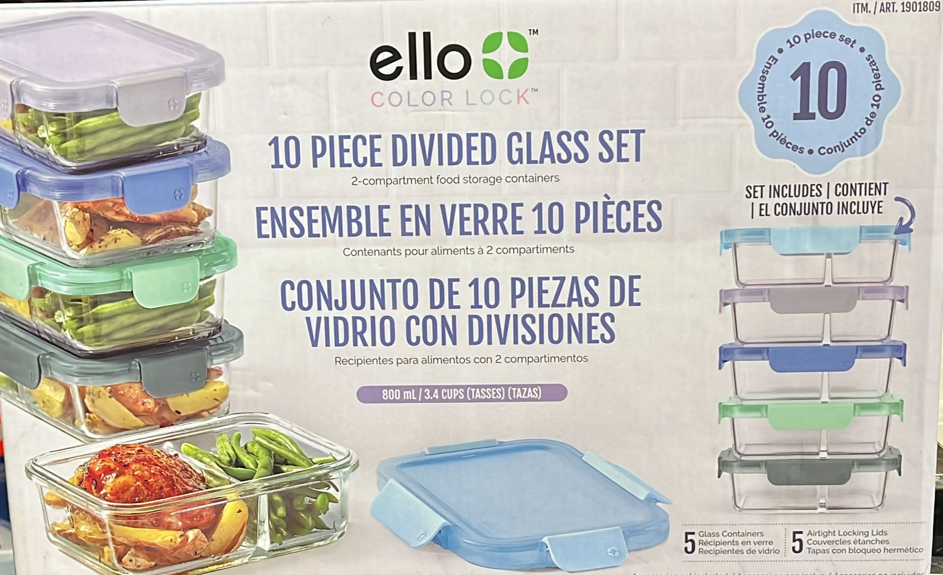 Ello Colour Lock Divided Glass Meal Prep Set, 10-piece