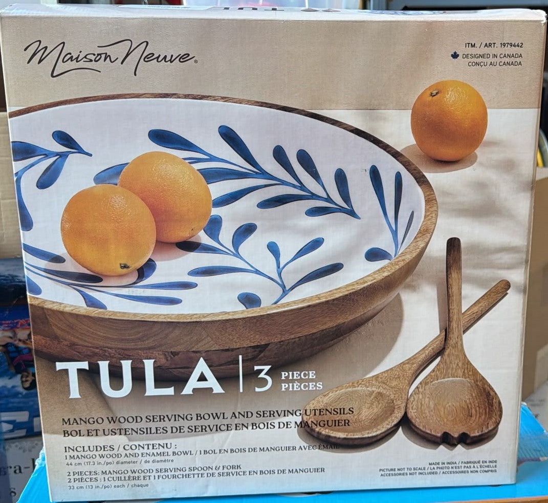 Maison Neuve Enamelled Mango Wood Salad Bowl & Servers, 44 cm (17.3 in.)