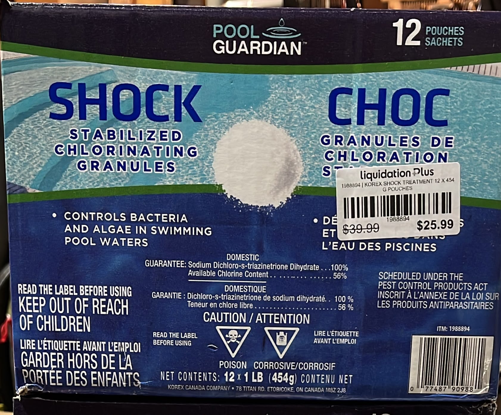 KOREX SHOCK TREATMENT 12 X 454 G POUCHES 70 AVAILABLE. CHLORINE