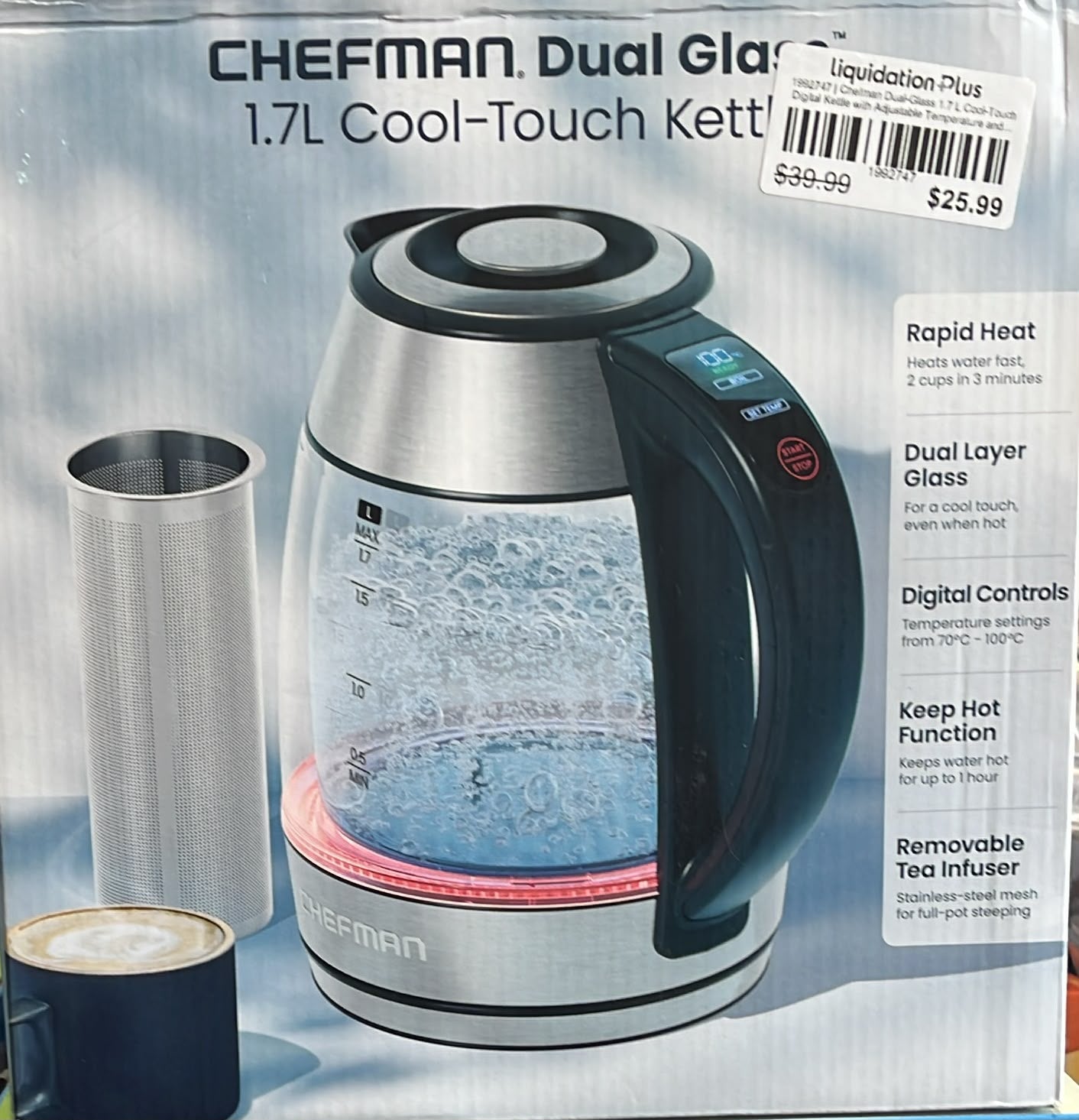 Chefman Dual-Glass 1.7 L Cool-Touch Digital Kettle with Adjustable Temperature and Removable Tea Infuser